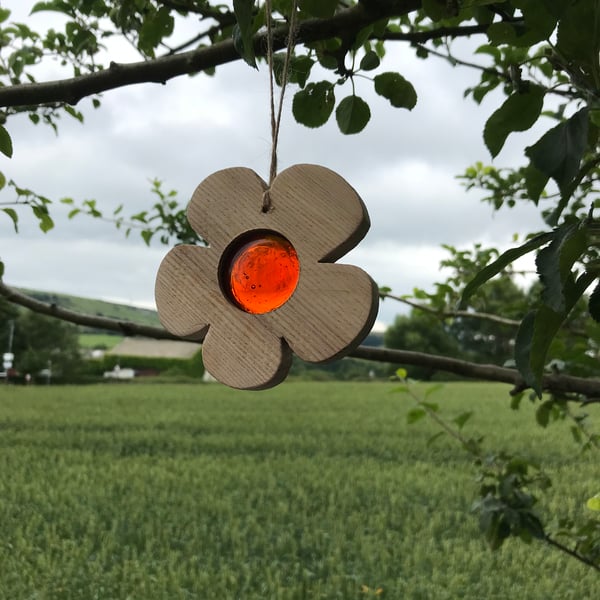 Hanging Wood and Glass handmade sun catcher,  flower, 4 colours available