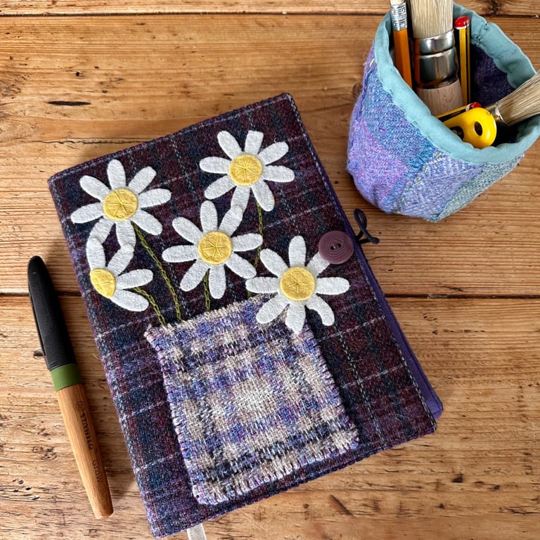 Notebook & Journal Cover with Daisy Flowers in Felt & Vintage Welsh Tweed 