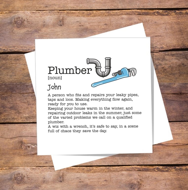 Plumber Personalised Definition Card - birthday, thank you, good luck