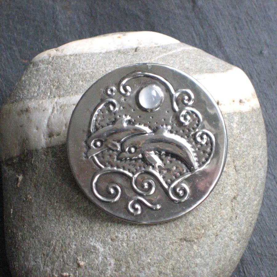 Dolphin Moonstone Brooch in Silver Pewter