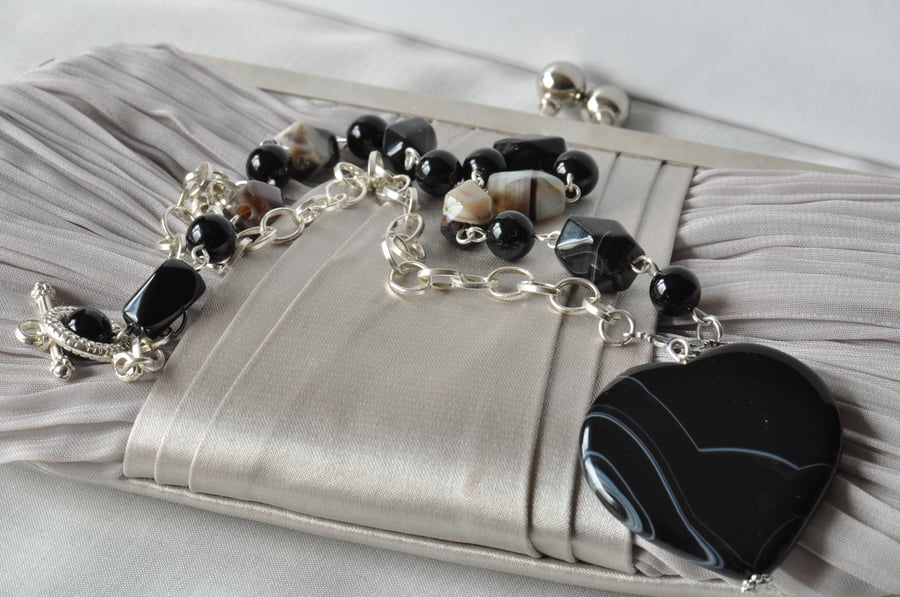 Moonlight Dance Black Agate Heart Necklace