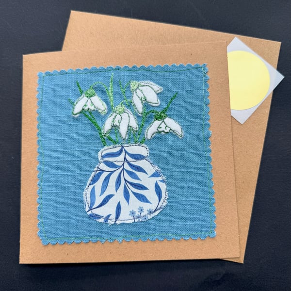 snowdrops in a vase free motion appliqué blank greetings card