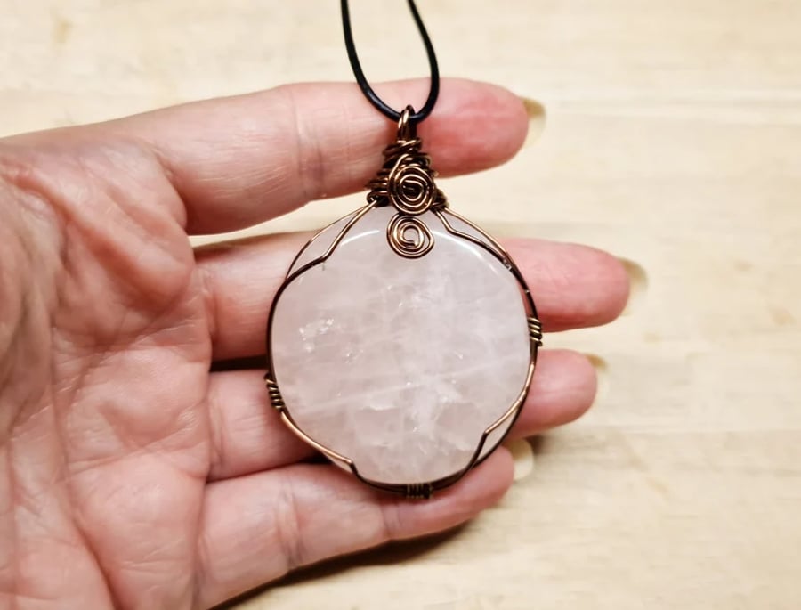Unisex mens large wire wrap Rose quartz pendant necklace. January Birthstone