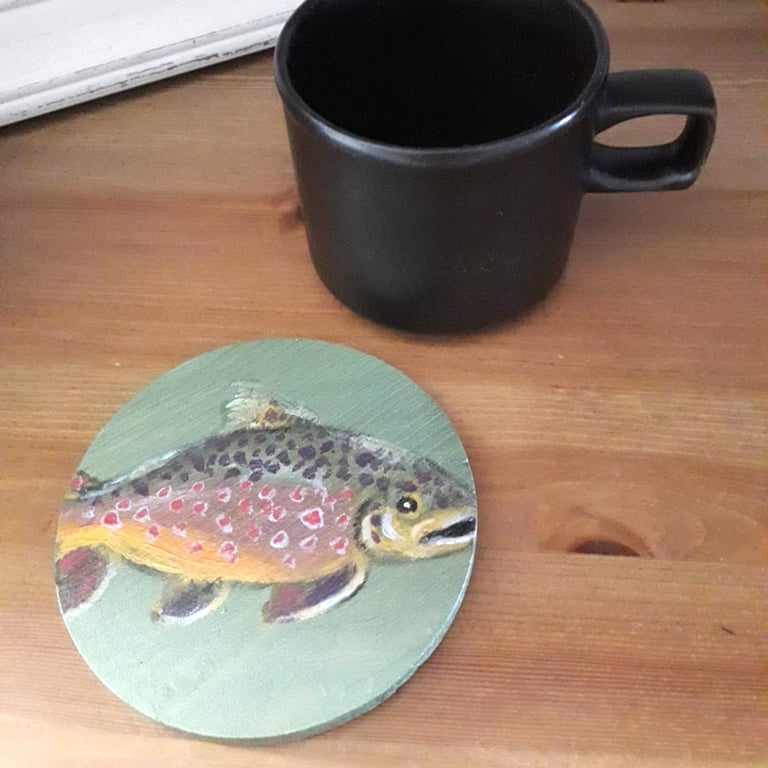 Wooden Coaster handpainted with a Brown Trout.  