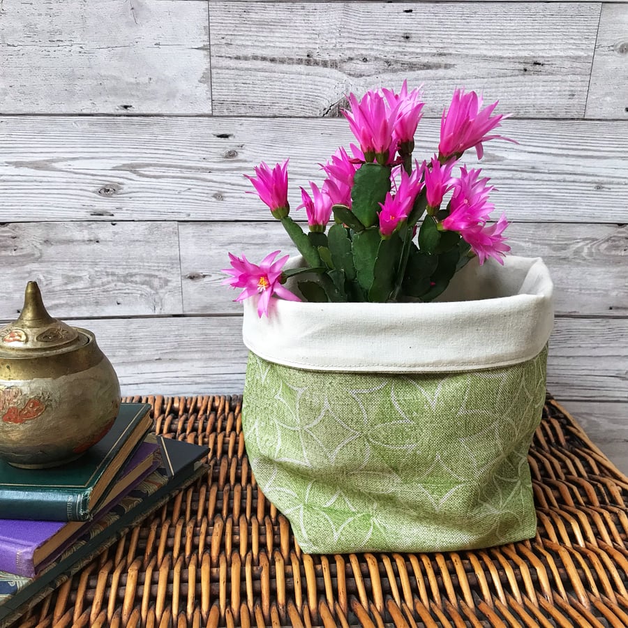 Hand Printed Linen Storage Basket, Textile Basket, Plant Pot - Chartreuse Green