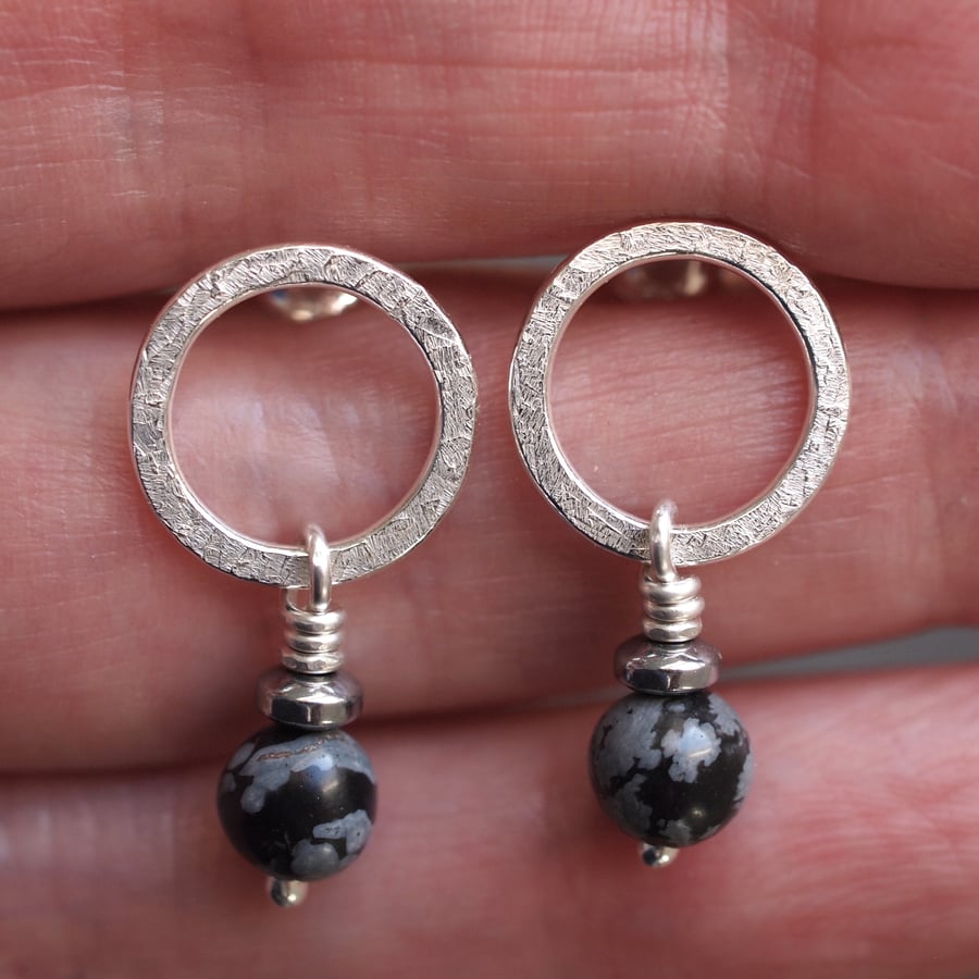 Silver stud earrings, ring earrings, snowflake obsidian earrings