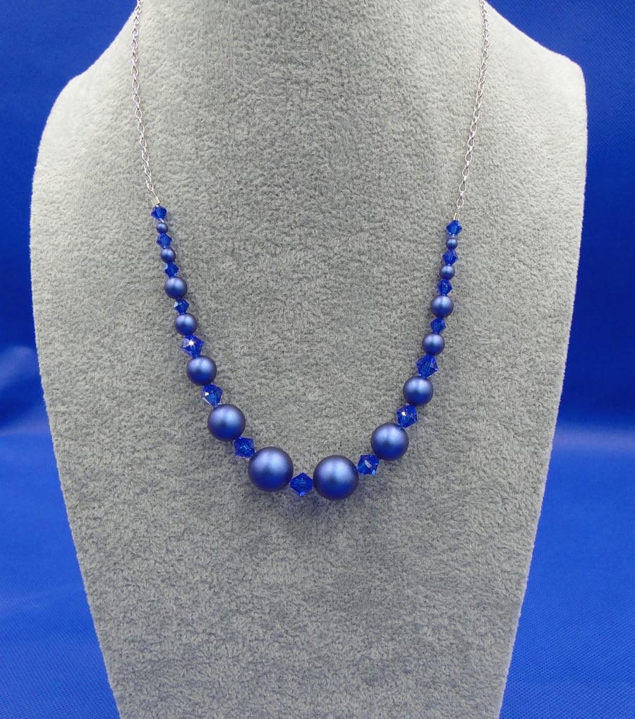 Special Blue Pearl and crystal necklace with silver chain and clasp
