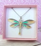 Gold and green dragonfly pendant, handpainted necklace iridescent enamels - Image 2