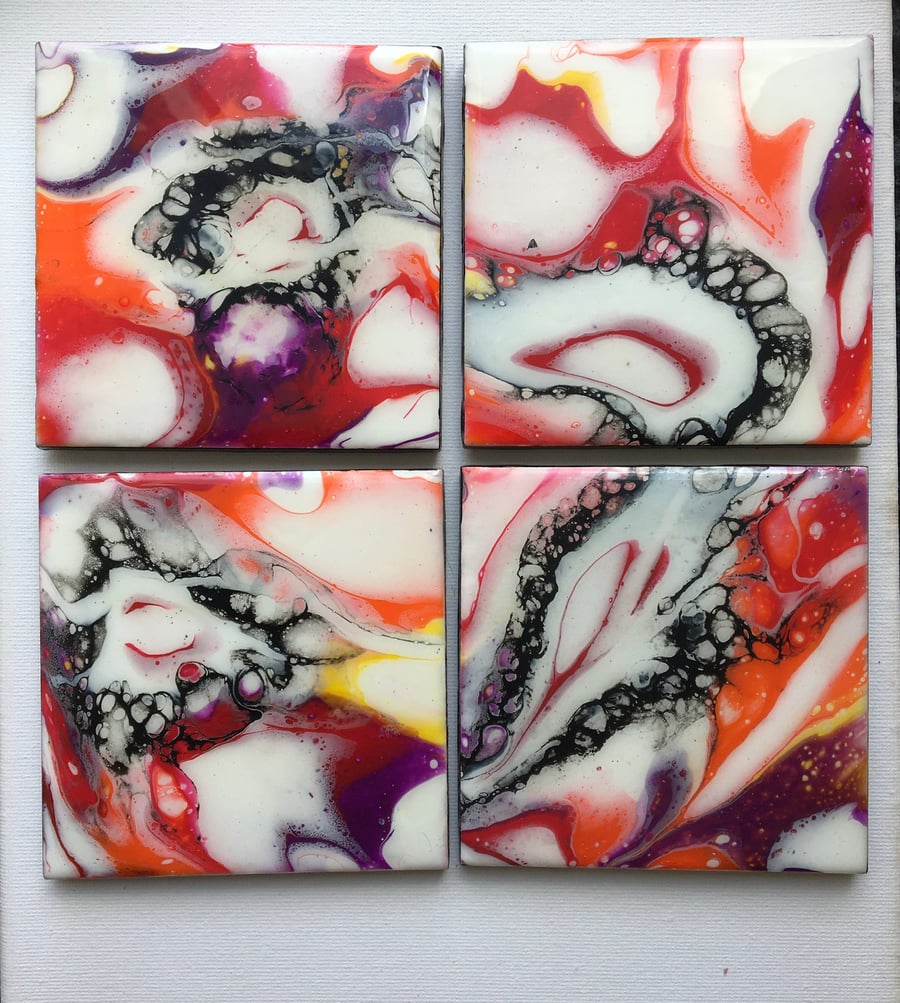  Abstract, acrylic pour painting, coasters, set of 4,  acrylic, resin.  