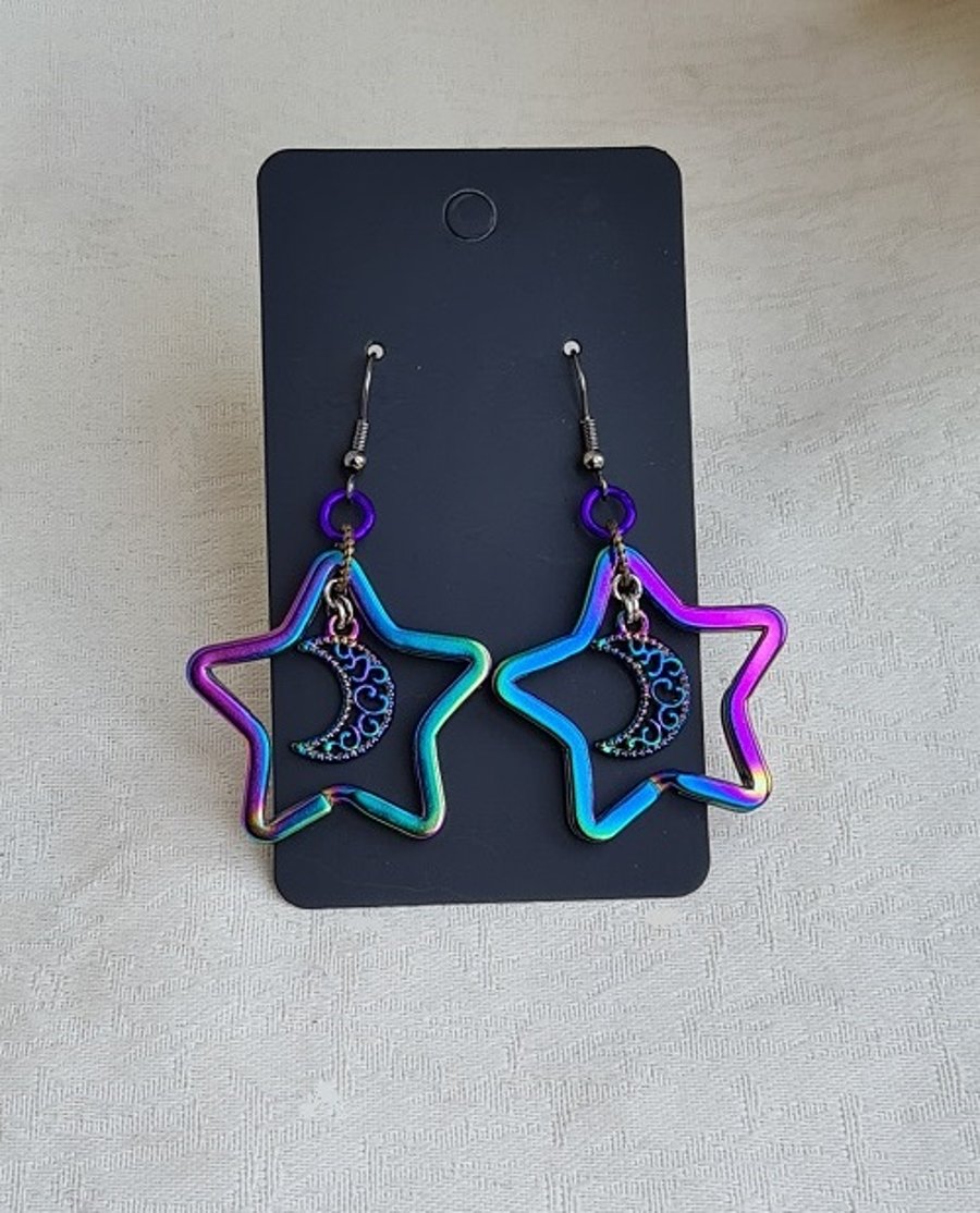 Gorgeous Rainbow Star and Crescent Moon Earrings - Gun Metal Tone Ear Wires.