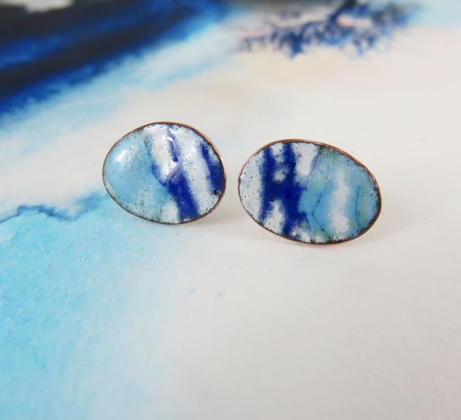 Oval copper and silver stud earrings with turquoise, blue and white enamel