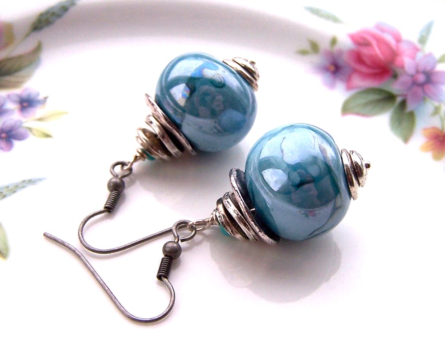 Blue Chunky Earrings, Ceramic Beads, Unusual, Quirky, Rustic Dangle Earrings