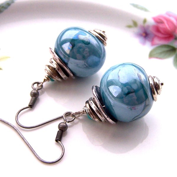 Blue Chunky Earrings, Ceramic Beads, Unusual, Quirky, Rustic Dangle Earrings