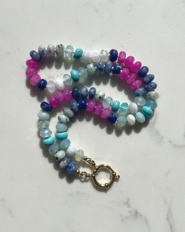 Cool Blue & Hot Pink Hand Knotted Beaded Gemstone Necklace