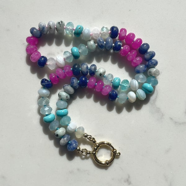 Cool Blue & Hot Pink Hand Knotted Beaded Gemstone Necklace