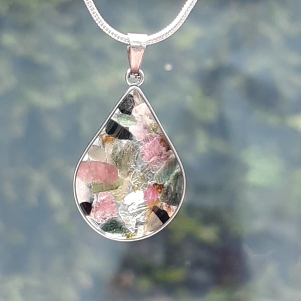 Mixed coloured tourmaline pendant on Sterling Silver chain