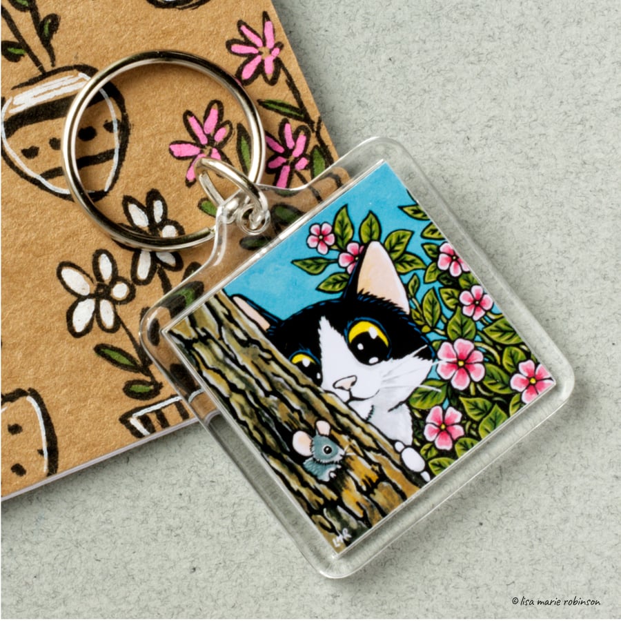 Sneaky Tuxedo Cat & Mouse Keyring - Square