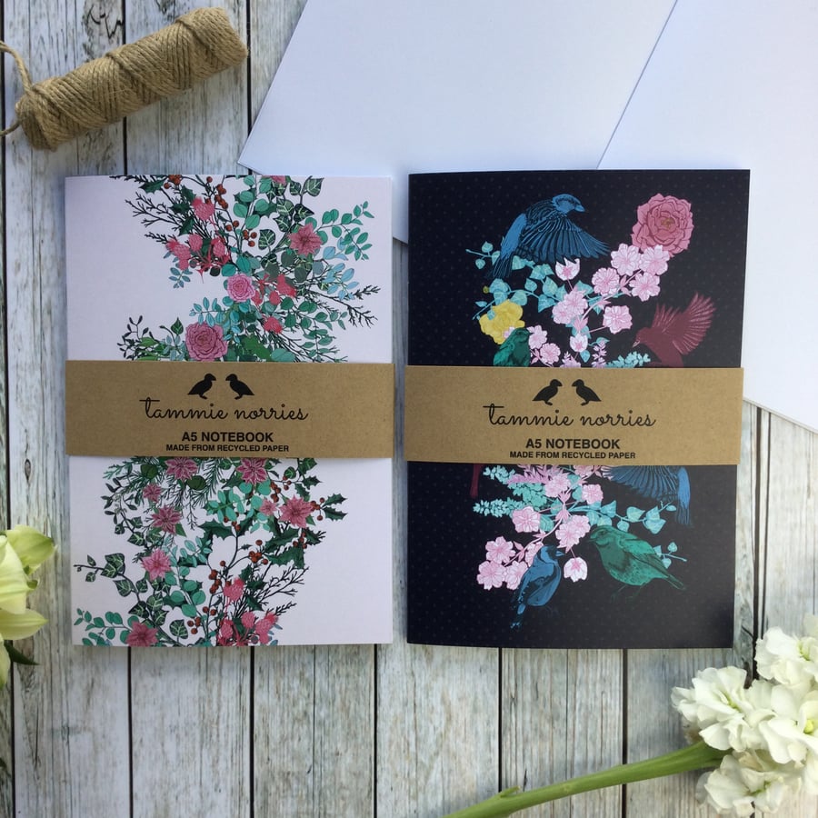 Pair of A5 Recycled Notebooks - Floral Notebooks- Bird and Flower Notebook - 2 N