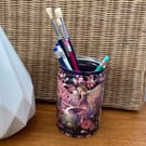 Fairies in Enchanted Forest Mauve flowers upcycled Coffee Bean Can Pencil Pot