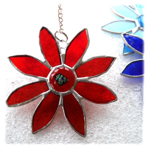 Dichroic Daisy Red Suncatcher Handmade Stained Glass 012