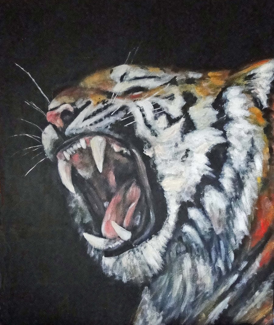 Animal Art Tiger Roar Original Acrylic Painting on Canvas OOAK Cat