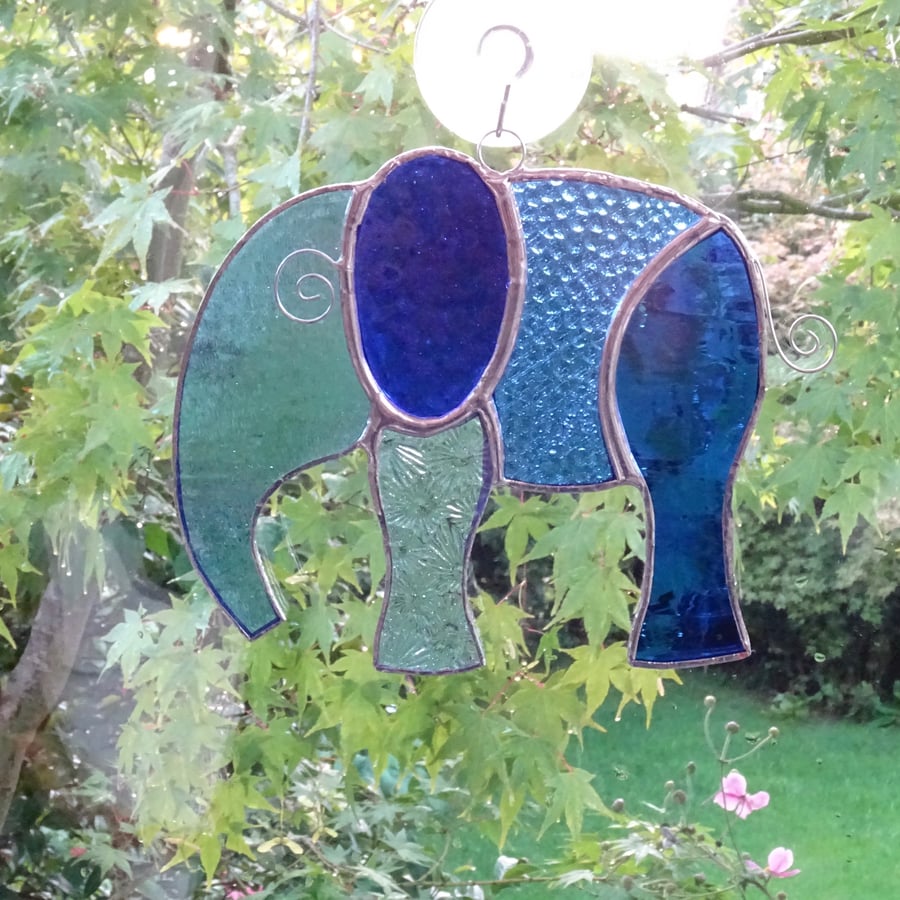 Stained Glass Large Elephant Suncatcher - Handmade Hanging Decoration - Blue 
