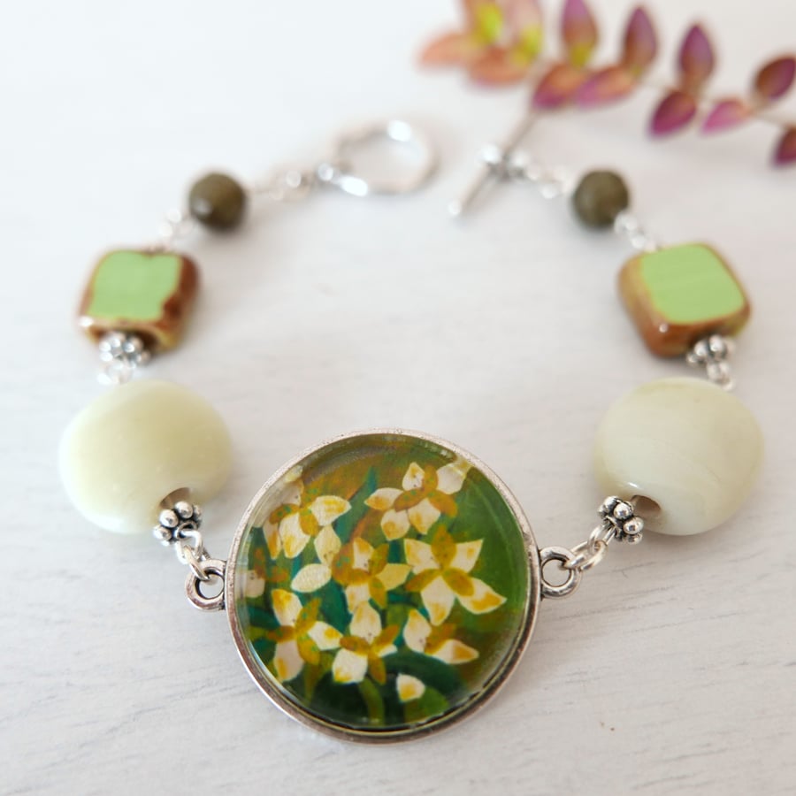 Green Bracelet with Lily Art Print, Floral Pendant Bracelet