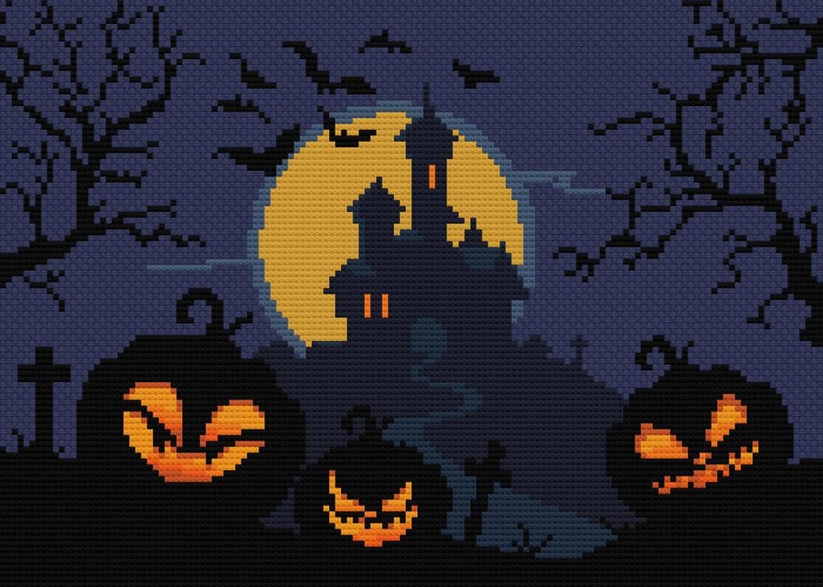 191 - Halloween Pumpkin Lanterns, Haunted Castle & Grave - Cross Stitch Pattern