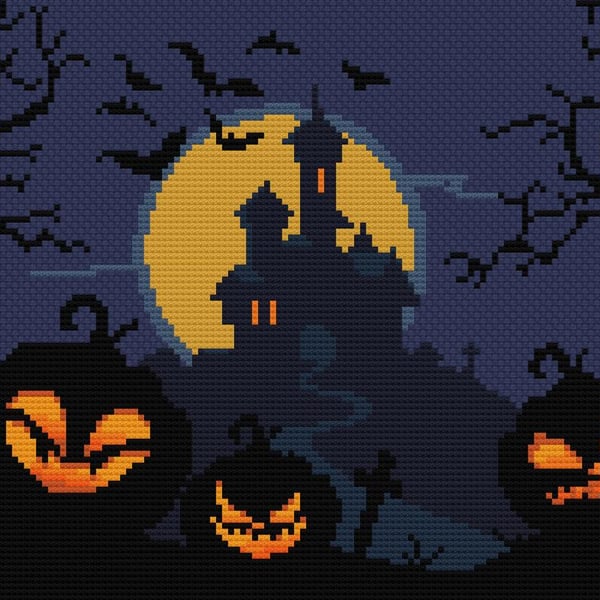 191 - Halloween Pumpkin Lanterns, Haunted Castle & Grave - Cross Stitch Pattern