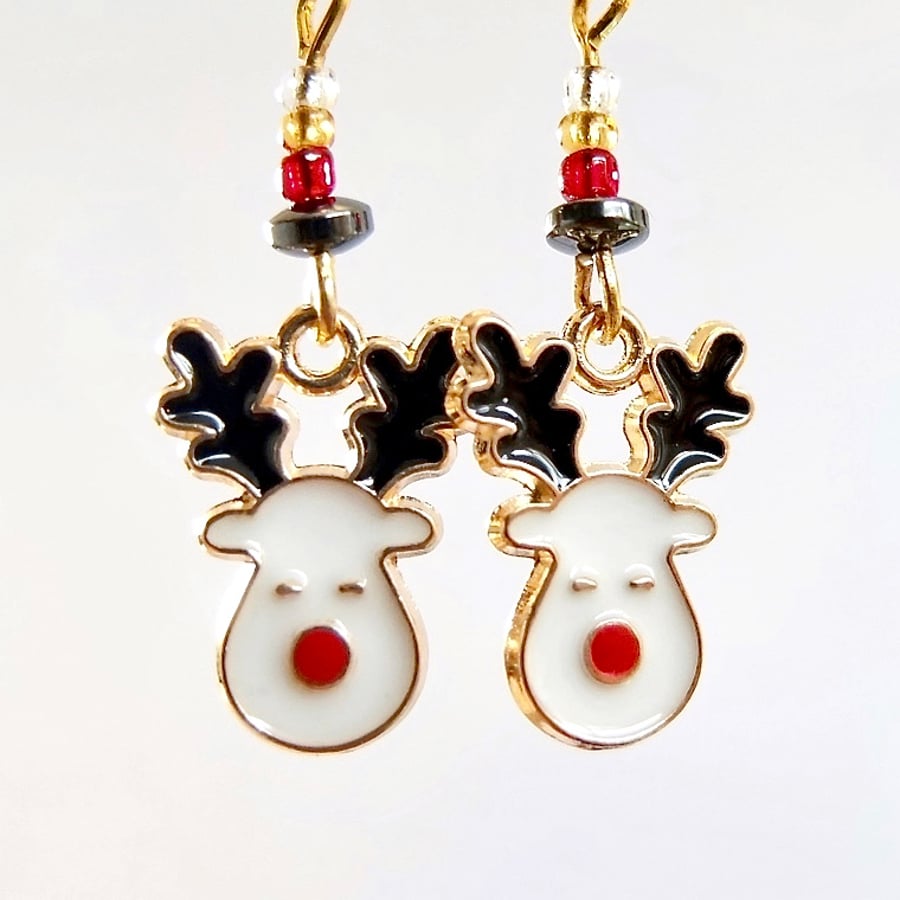 Christmas Earrings - Enamel Reindeer With Hematite And Glass  - Free UK Delivery