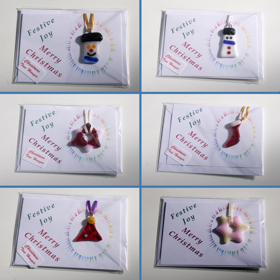 Trio of Hand-Made Christmas Cards with Fused Glass Hanger