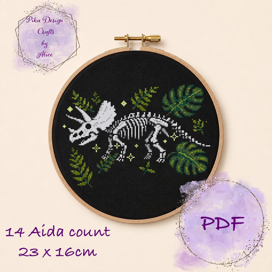 Triceratops fossil counted cross stitch pattern pdf emailed