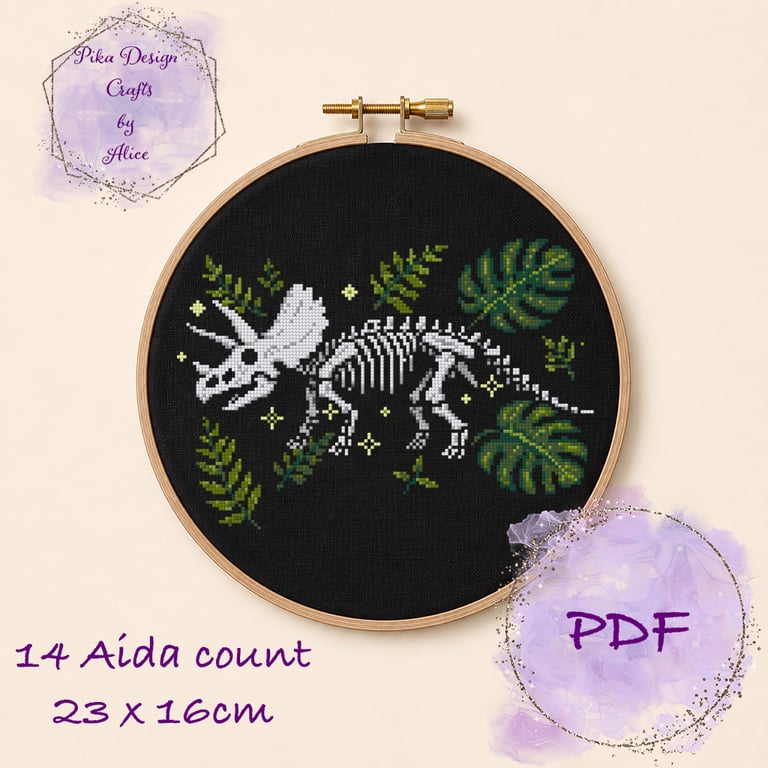 Triceratops fossil counted cross stitch pattern pdf emailed