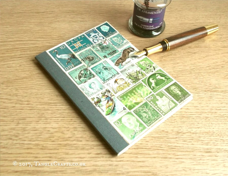 Turquoise Moss A6 Journal Notebook - Ecofriendly  Postage Stamp Collage