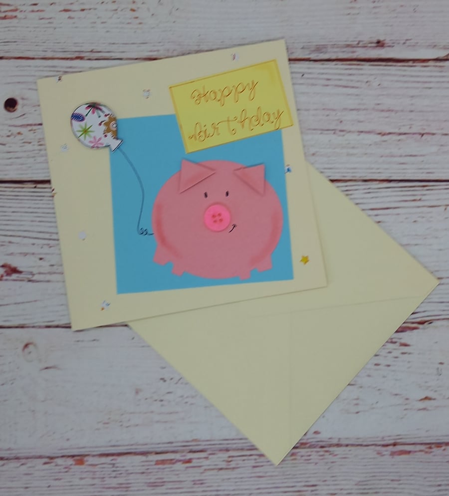 Birthday Card - Cute Porky Pig Happy Birthday Card, Button nose Pig Card