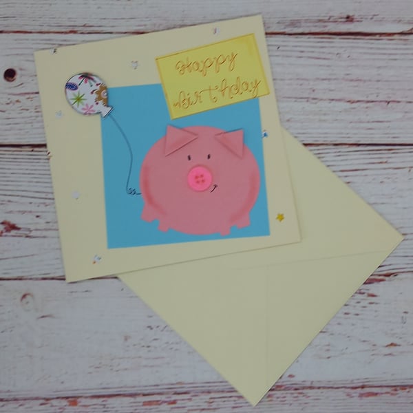 Birthday Card - Cute Porky Pig Happy Birthday Card, Button nose Pig Card