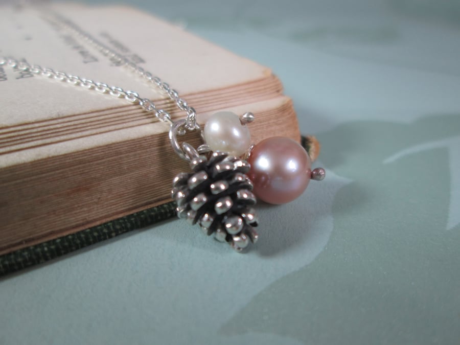 Pearl Charm Pendant - Nature Lovers Gift Jewellery, Pearl Pendant, Pinecone 