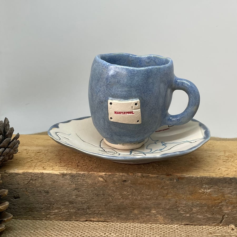Handmade ceramic tea cup set, map design, Hartlepool cup, pottery teacup 