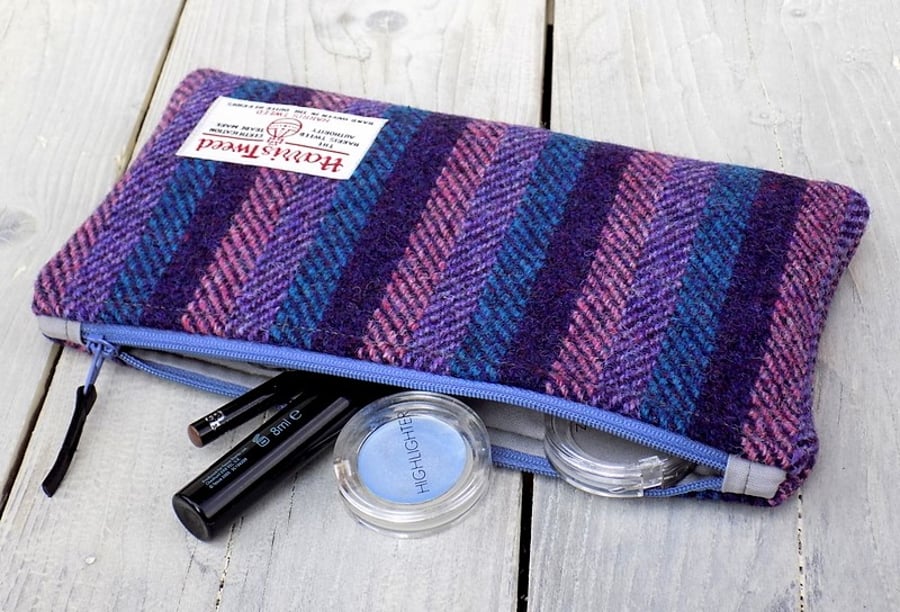 Harris Tweed clutch purse, padded pencil case, make-up bag in stripe herringbone