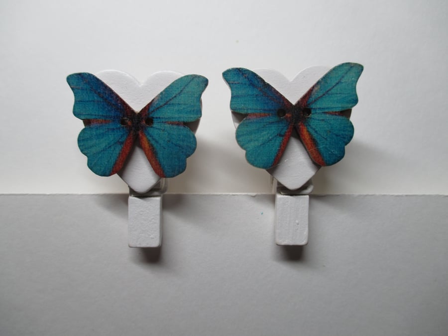 Butterfly on Love Heart Peg Clip Mini Peg Set of two white blue orange