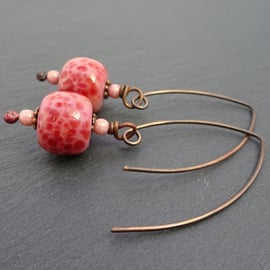 pink lampwork glass earrings, copper jewellery