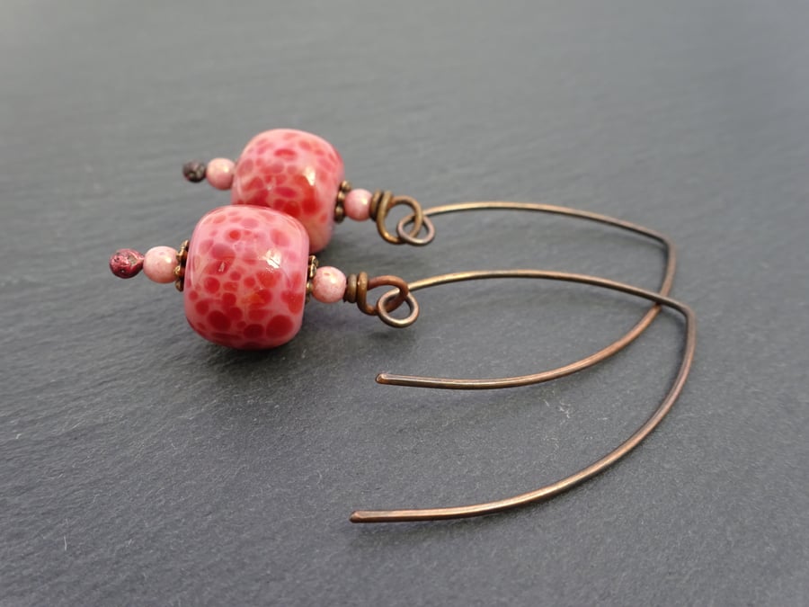 pink lampwork glass earrings, copper jewellery