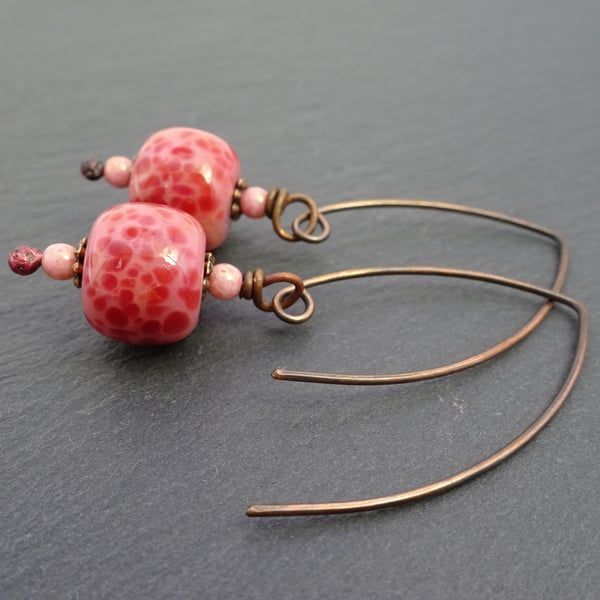 pink lampwork glass earrings, copper jewellery