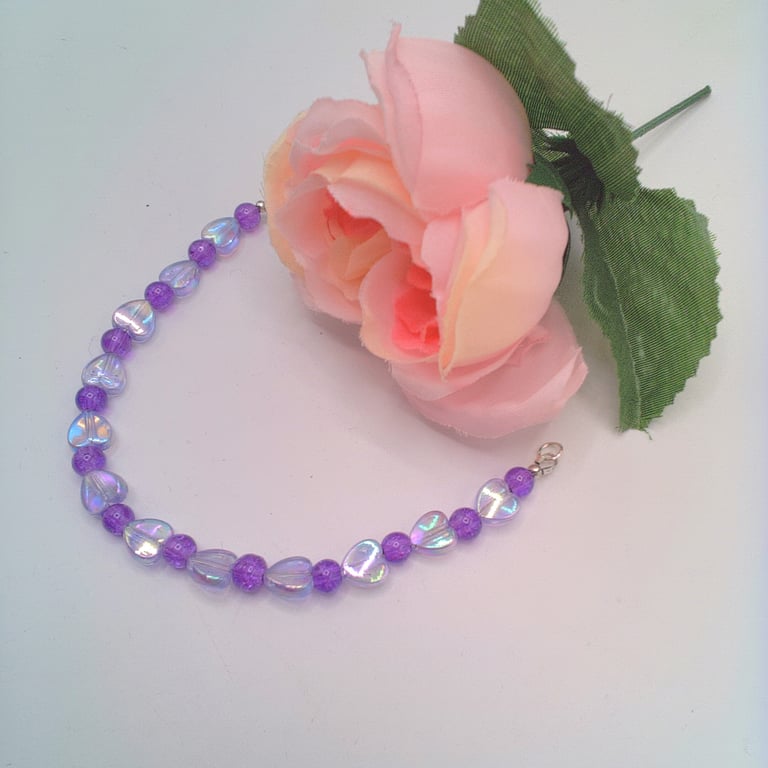 Lilac Heart & Purple Crackle Bead Bracelet, Gift for Her, Purple Heart Bracelet