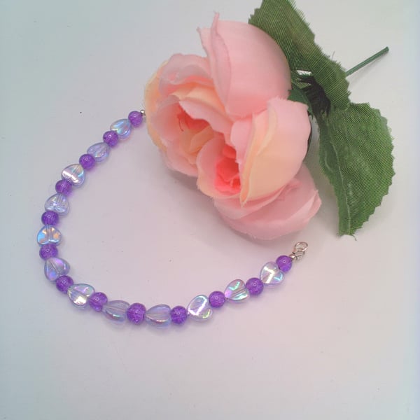 Purple Heart and Crackle Bead Bracelet, Gift for Her, Purple Heart Bracelet