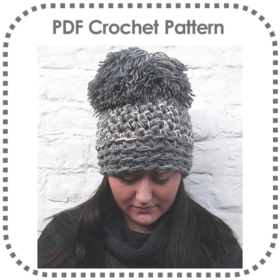 Chunky Crochet Beanie Pattern Easy Quick Giant Pom Pom Designer Hat Cap PDF