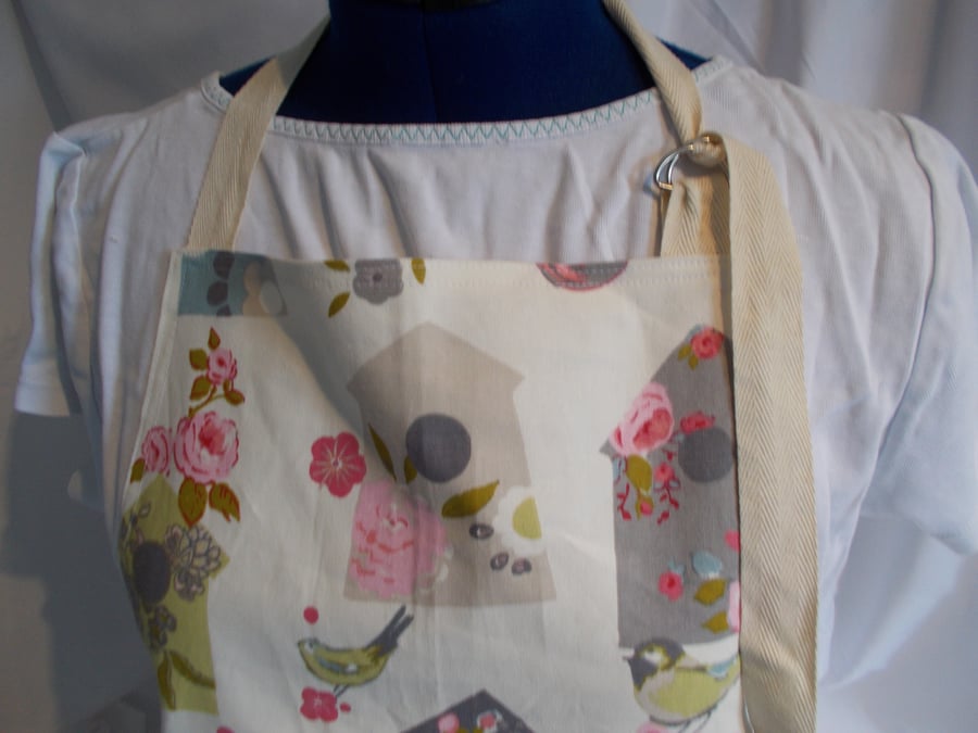 Hand made full apron with birds and bird boxes