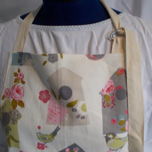Hand made full apron with birds and bird boxes