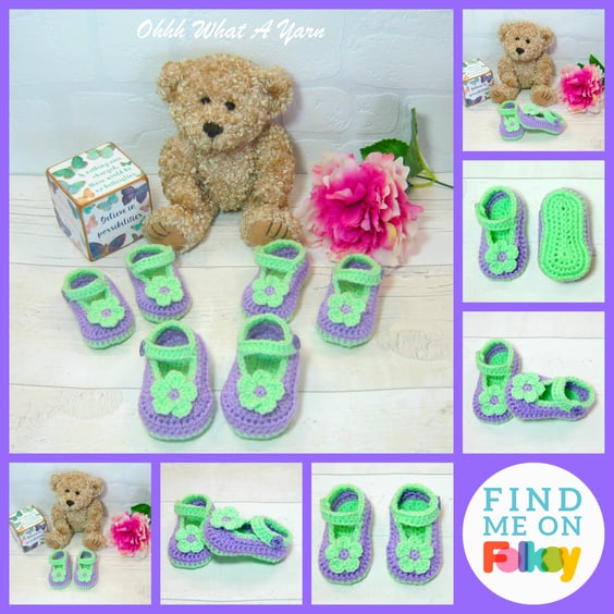 Crochet lilac and green flower shoes, booties, bootees in various sizes.