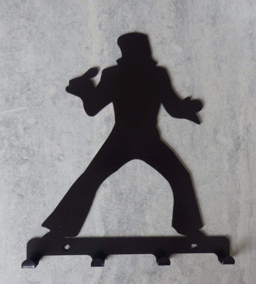 Elvis Singing into Microphone Silhouette Key Hook Rack - metal wall art